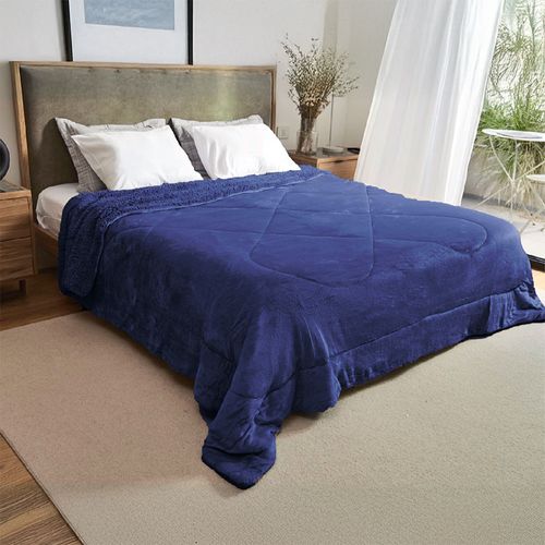 Acolchado Fullblanc Flannel Corderito Queen Marino