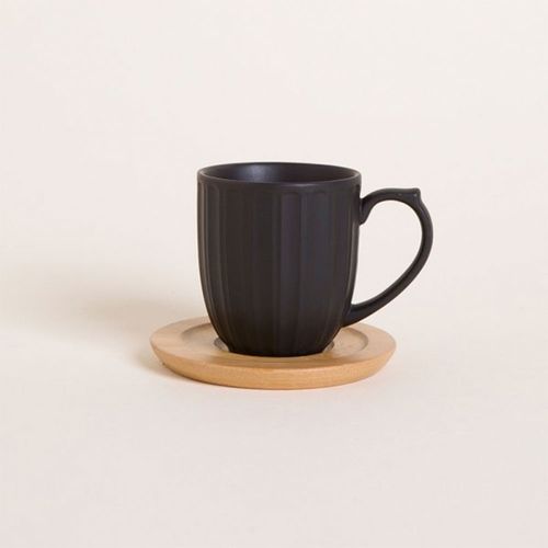 Taza Porcelana Negra Plato Bamboo 150ml