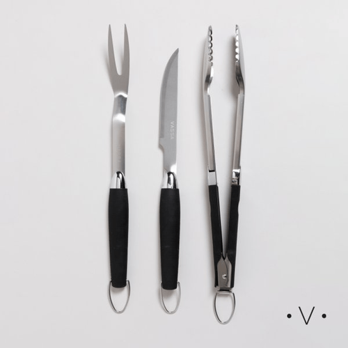 Set De Asado Y Pinza De Acero Inox C/Mango Negro