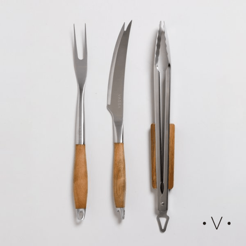 Set De Asado Y Pinza De Acero Inox Y Madera Acacia