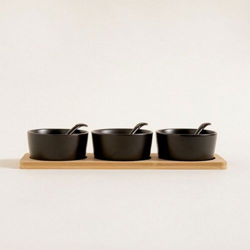 Set x 3 Copetineros Ceramica Negra Y Cucharas 29x1